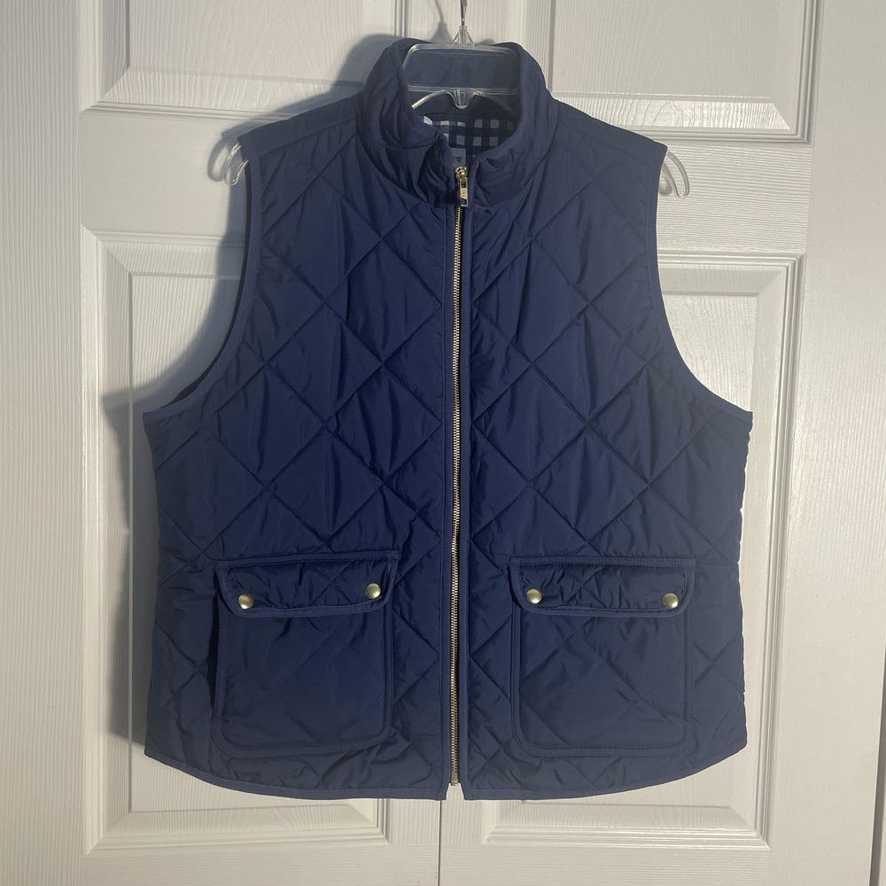 J Crew Quilted Excursion Puffer Vest Women XL Blue Check Lining Full Zip Pockets